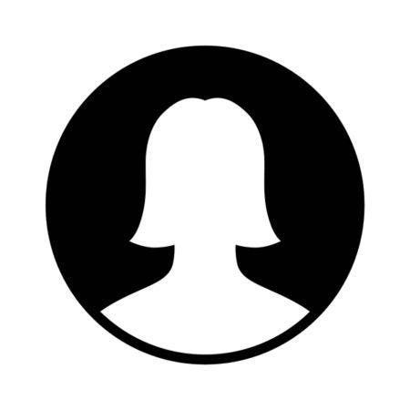Silhouette icon of a woman with shoulder-length hair inside a black circle, on a white background.