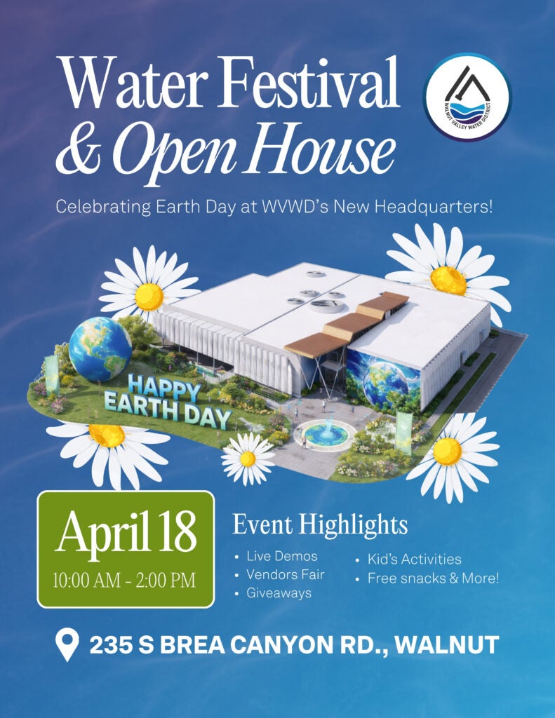 Flyer for Water Festival & Open House at WWD Headquarters on April 18, 10 AM–2 PM, with event highlights, address, and daisies and a building illustration.