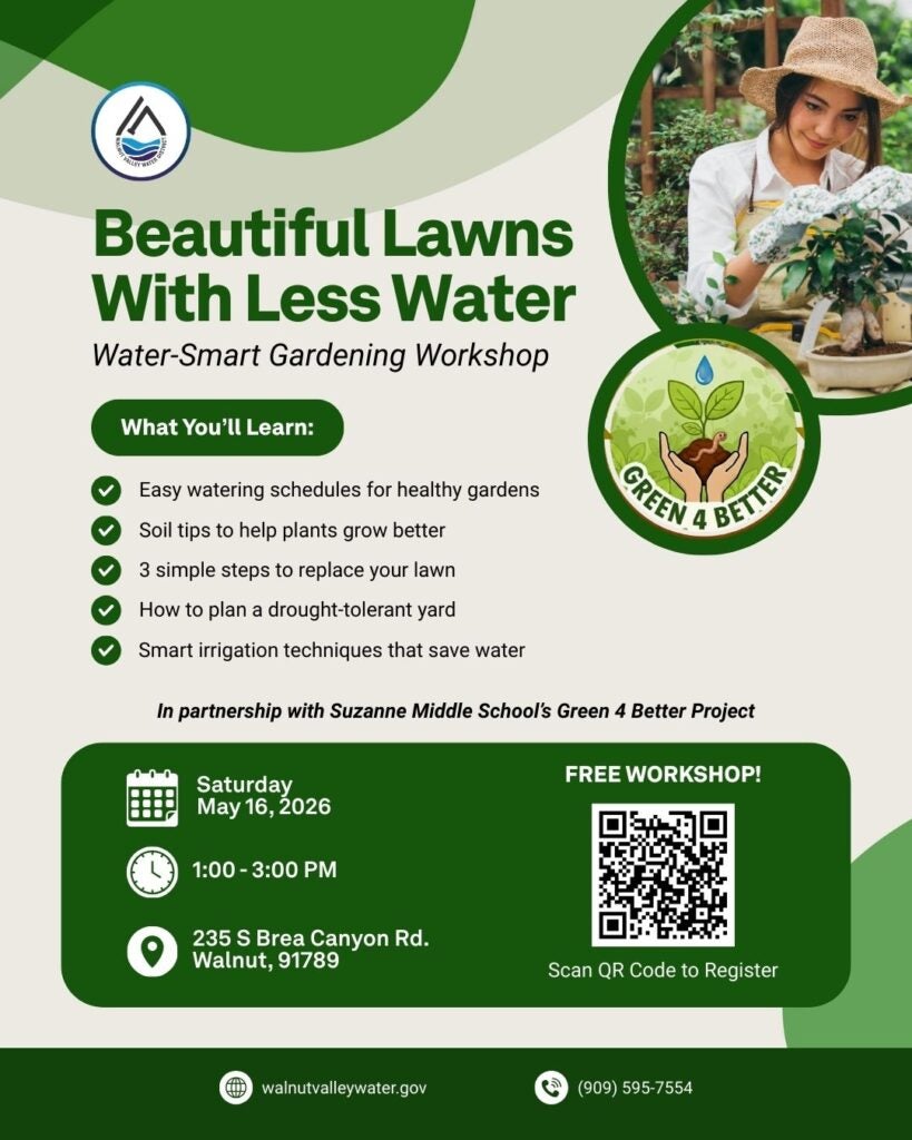 Flyer advertising a Water-Smart Gardening Workshop with event details, benefits of attendance, and a photo of a person holding a plant in a pot.