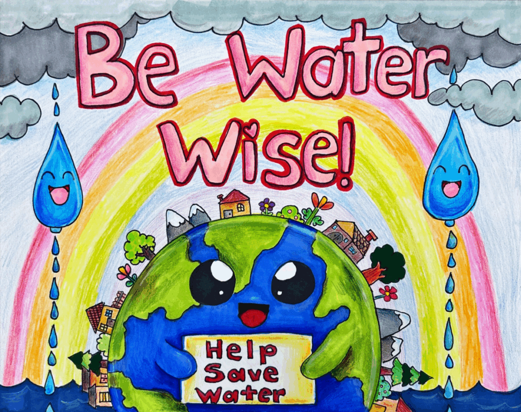 Colorful poster with a smiling Earth holding a "Help Save Water" sign, raindrops with faces, houses, a rainbow, and the words "Be Water Wise!" at the top.