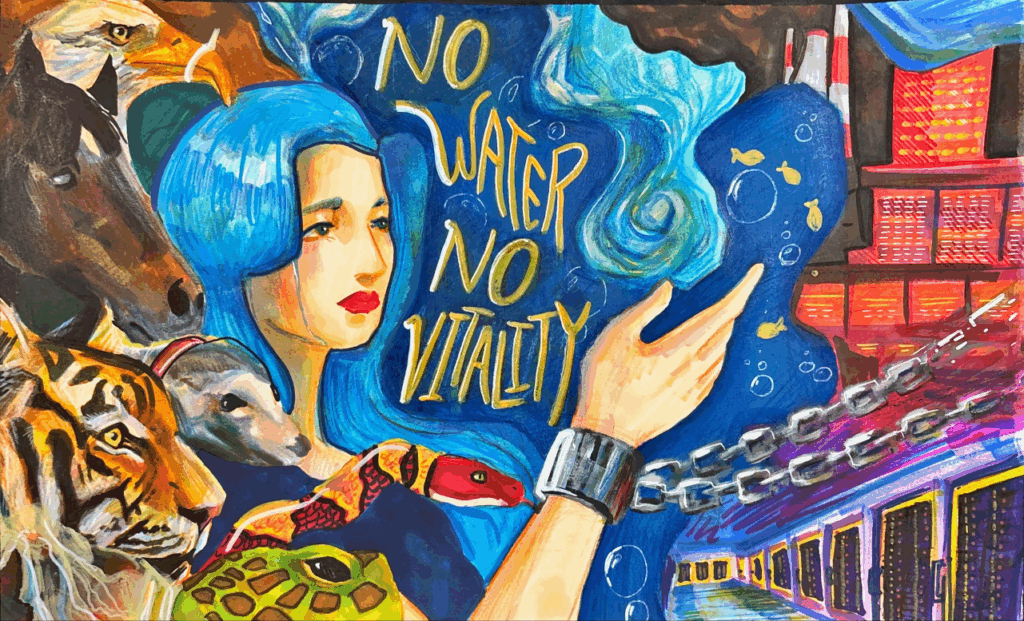 A woman with blue hair surrounded by animals points to floating gold text reading “No Water No Vitality”; a cityscape and chain are depicted on the right, with bubbles and fish throughout.