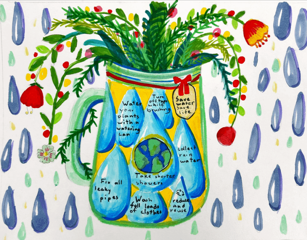 Colorful illustration of a jug with plants and water droplets, each with water-saving tips like shorter showers and fixing leaks; rain and flowers are in the background.