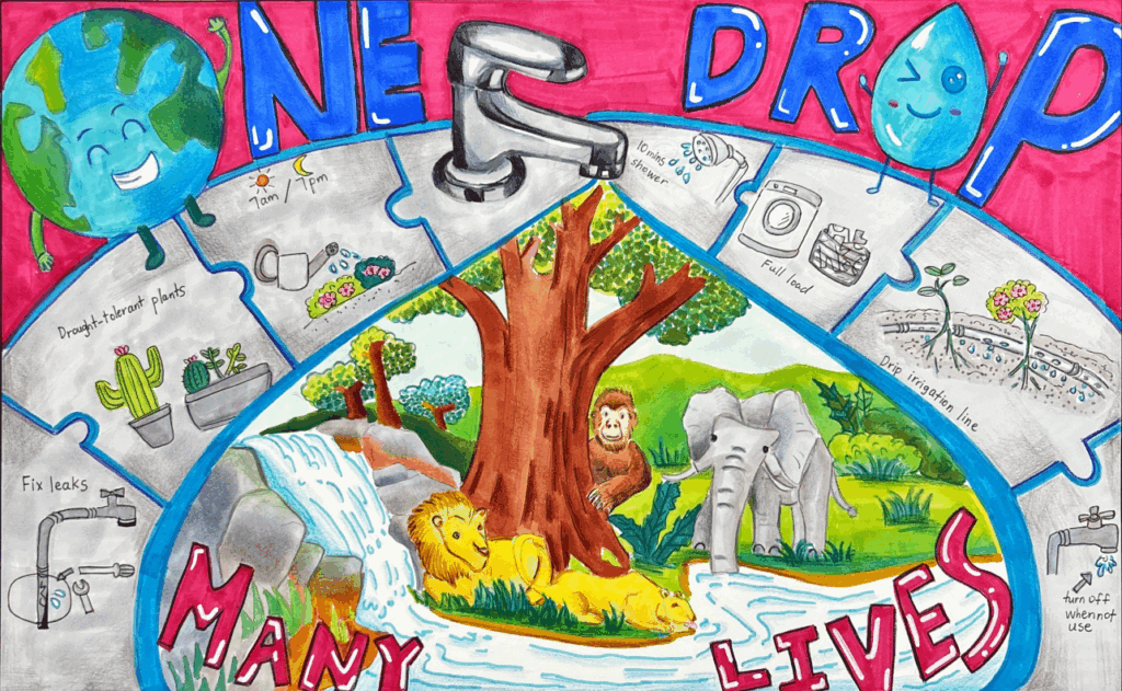 An illustrated poster shows a faucet above animals by a river, with tips for saving water, and the slogan "One Drop, Many Lives.