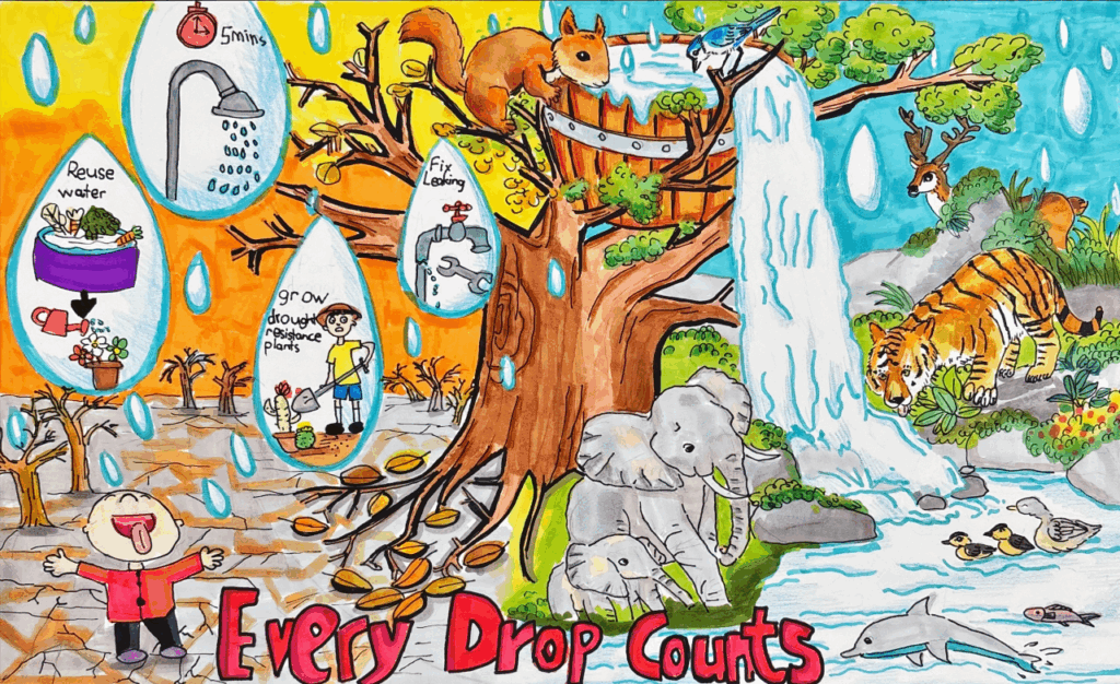 Colorful illustration promoting water conservation, showing water-saving tips, animals by a river, and the message "Every Drop Counts" at the bottom.