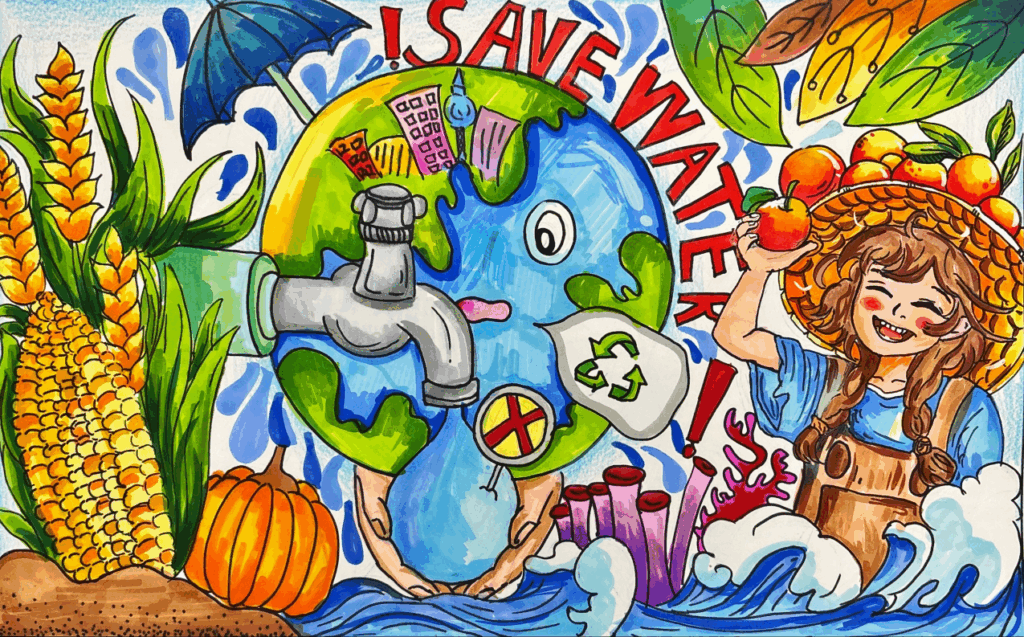 Colorful illustration of Earth with a faucet and a recycling symbol, surrounded by plants, water, and a girl holding fruit. "Save Water" is written above in bold red letters.