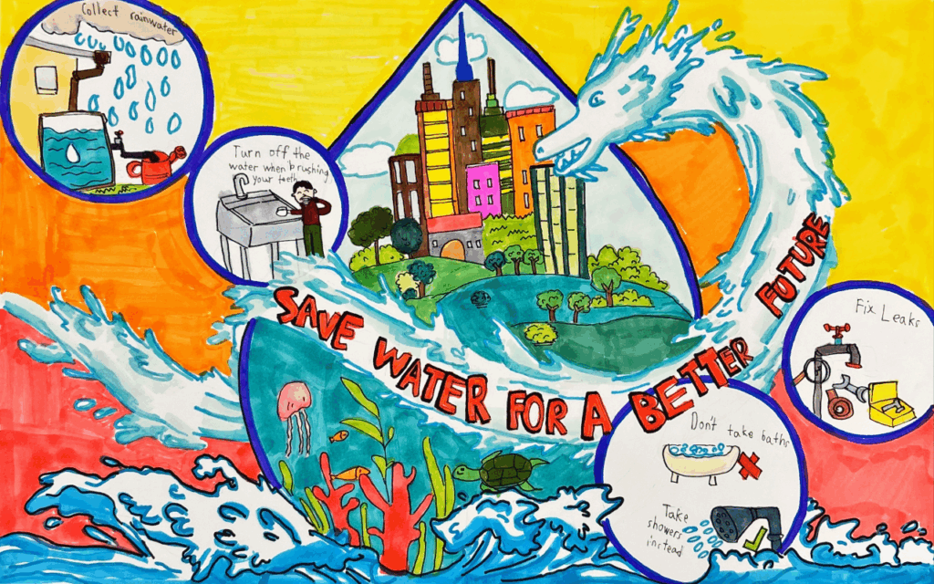 Colorful drawing showing a dragon made of water around a city with the text "Save Water For a Better Future" and illustrations of water-saving tips in circles.