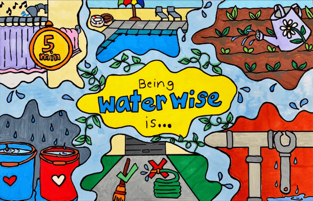 Colorful illustration with the words “Being water wise is…” in the center, surrounded by images of saving water such as quick showers, watering plants, collecting rainwater, and fixing leaks.