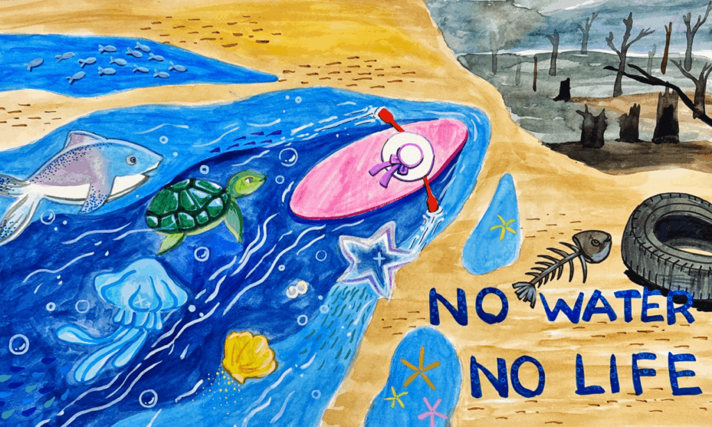 A person kayaks in a vibrant river with fish and a turtle, while the dry land nearby is barren with a dead tree, tire, and fish skeleton. Text reads “NO WATER NO LIFE.”.