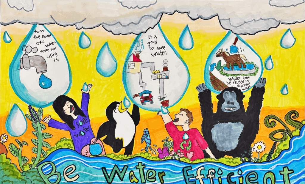 Children and animals under rain clouds point to water droplets, each containing messages and images about water conservation; text at the bottom reads "Be Water Efficient.