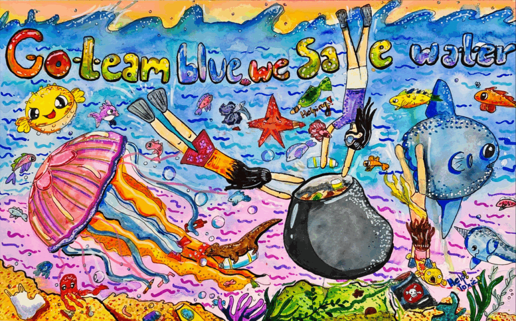 Colorful underwater scene with fish, jellyfish, and a diver, featuring the text “Go learn blue, we save water” in the background.