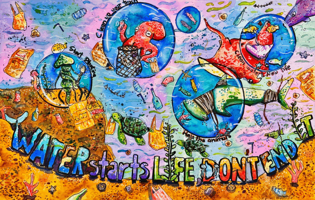 Colorful drawing of sea creatures trapped in plastic waste underwater, with bottles, bags, and debris. Text reads, "Water starts life, don't end it." Promotes ocean conservation.