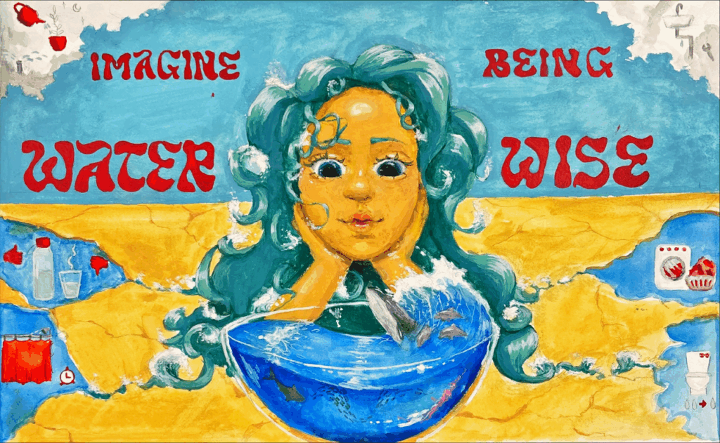 A painting of a person with green hair leaning over a fishbowl with fish, surrounded by water-wise symbols and the text “IMAGINE BEING WATER WISE” in red letters.