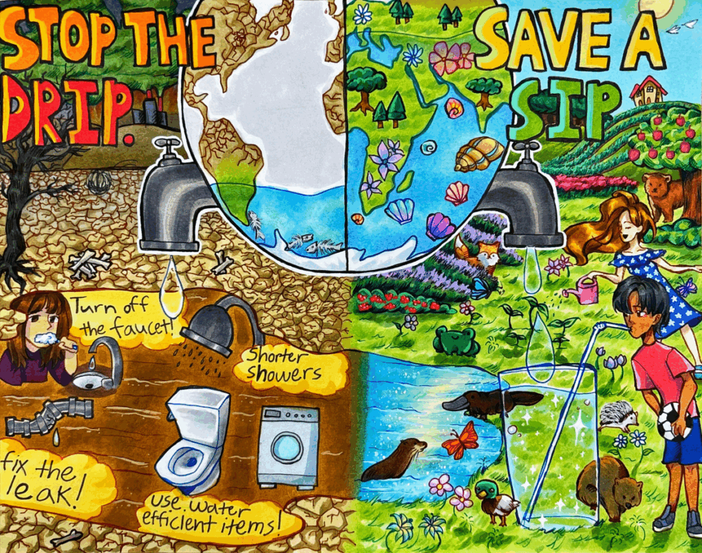 An illustrated image contrasts water waste on the left with water conservation on the right, showing tips like fixing leaks and saving water alongside thriving nature and people using water wisely.
