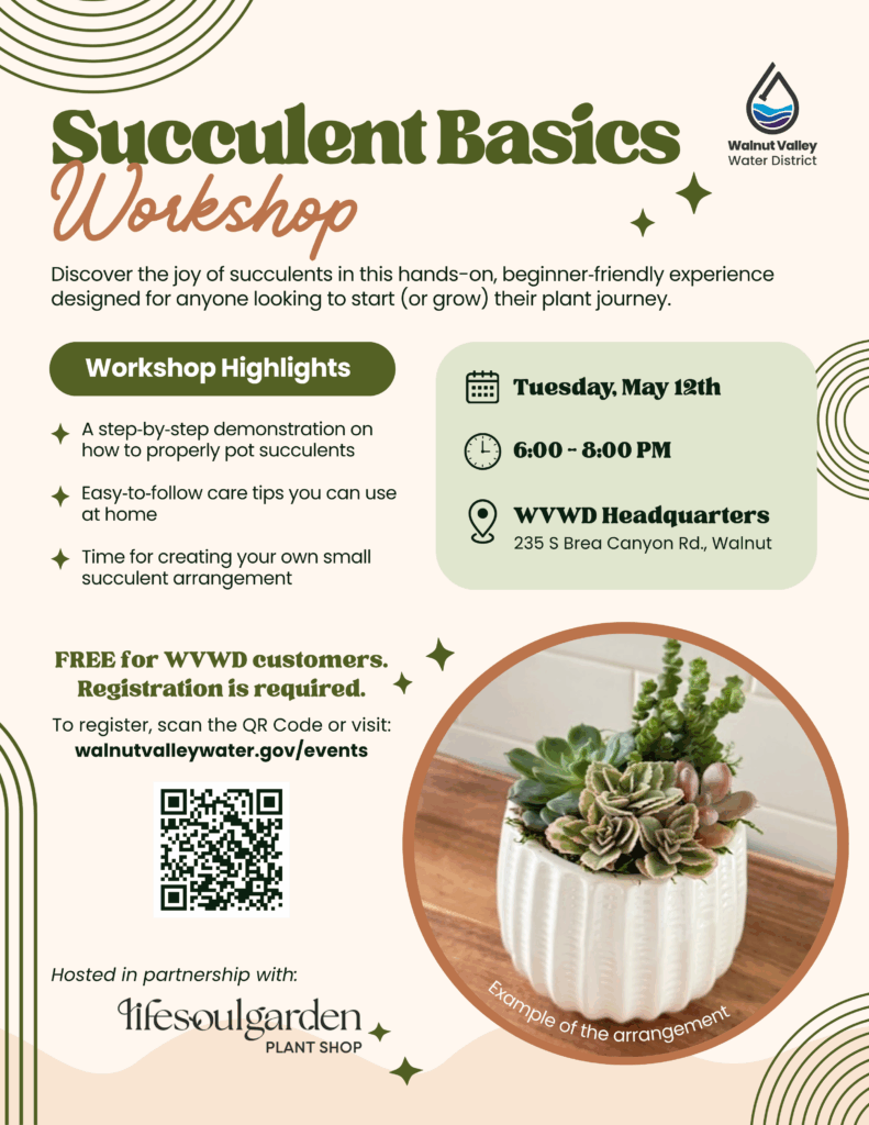 Flyer for a succulent basics workshop, listing date, time, location, registration info, and showing a potted succulent arrangement.