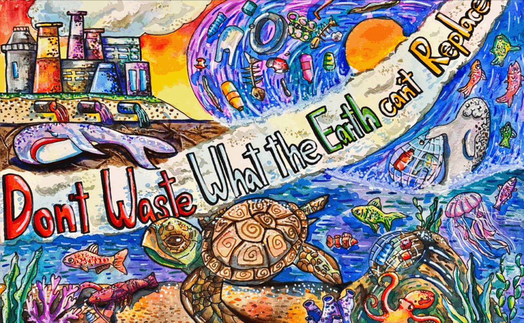 Colorful illustration showing sea creatures, litter, and a factory with the text "Don’t Waste What the Earth Can’t Replace" to highlight environmental conservation.