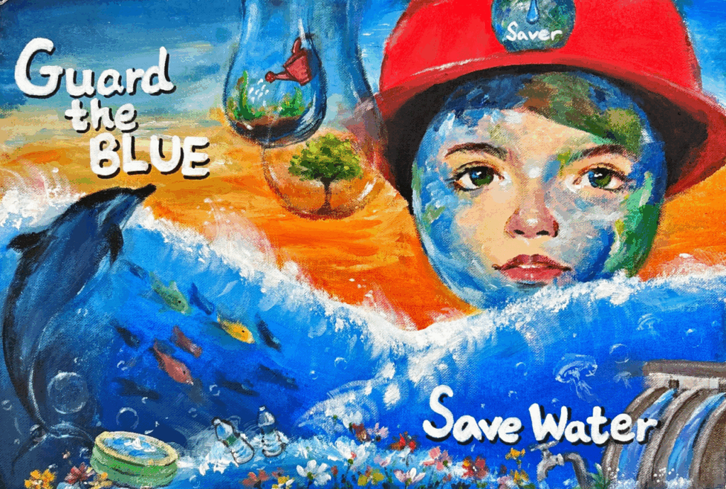 Illustration shows Earth as a child in a red helmet labeled "Saver," surrounded by water, sea life, and pollution. Text reads "Guard the BLUE" and "Save Water.