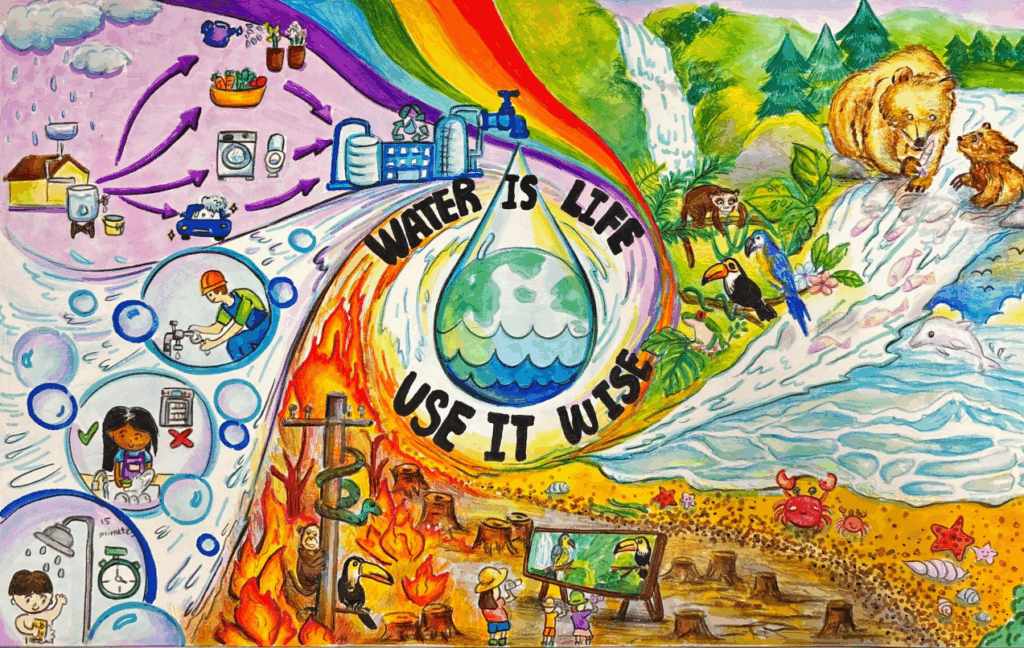 Colorful illustration showing the importance of water conservation, with "Water is Life, Use It Wisely" in the center, contrasting thriving nature and destruction caused by water misuse.