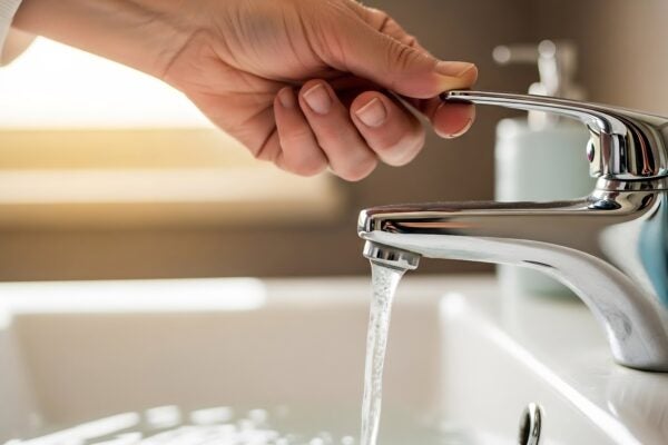 A hand turns on a chrome faucet, allowing water to flow into a white sink.