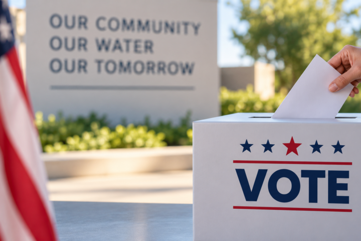 A person places a ballot into a box labeled “VOTE”; an American flag and a sign reading “OUR COMMUNITY OUR WATER OUR TOMORROW” are visible in the background.